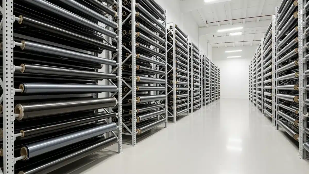 Entrepôt moderne avec rouleaux de film solaire et teinté stockés sur racks
