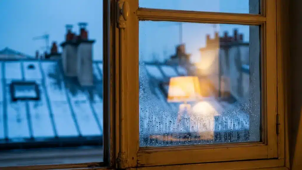 Vitre d'une fenetre ancienne couverte de condensation un soir d'hiver, lumiere chaude de la piece reflechie dans le verre