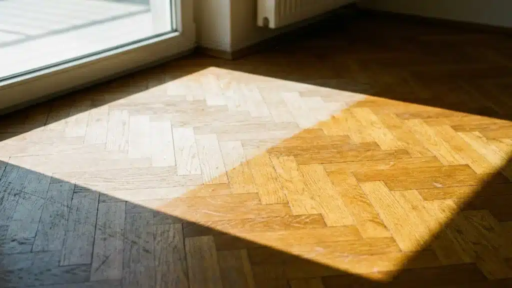Parquet decolore par le soleil pres d'une fenetre, limite nette entre zone exposee et zone protegee