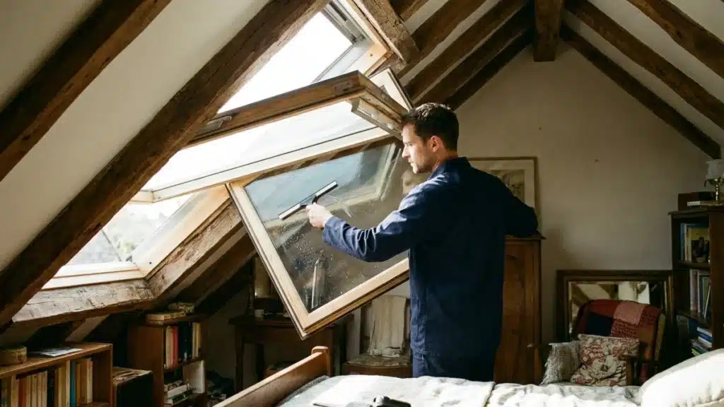 Fenetre de toit basculee en position de nettoyage dans une chambre sous les combles, un poseur applique un film sur la face exterieure du vitrage