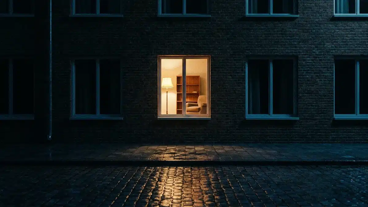 Fenêtre éclairée vue depuis la rue la nuit, l'intérieur visible à travers la vitre