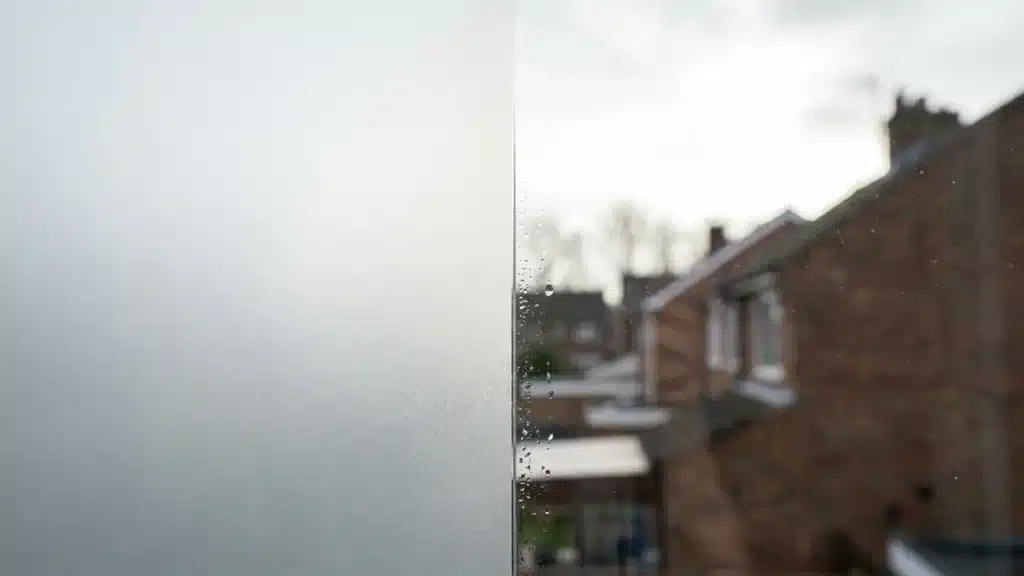 Limite entre le verre nu et un film dépoli fraîchement posé sur une vitre