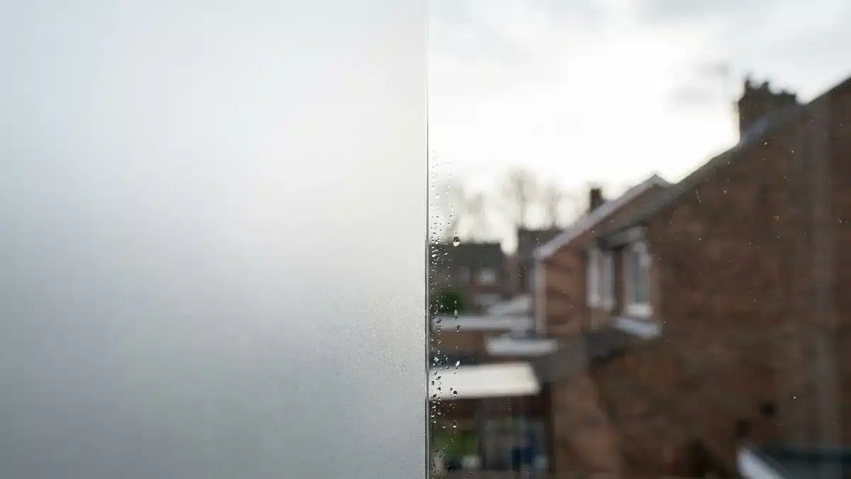 Limite entre le verre nu et un film dépoli fraîchement posé sur une vitre